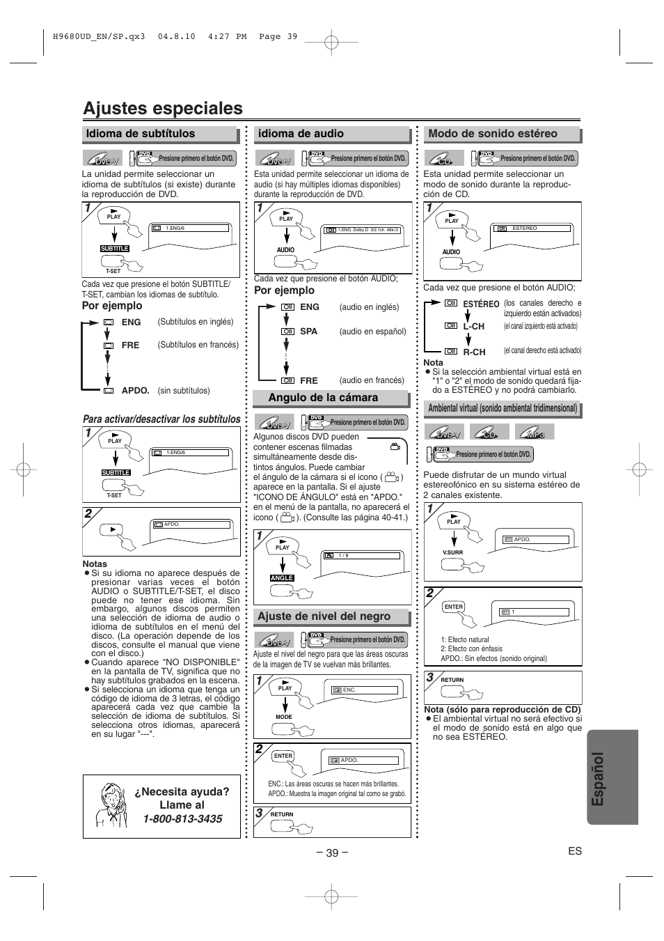 Ajustes especiales, Español, Idioma de audio | Por ejemplo, Modo de sonido estéreo angulo de la cámara, Por ejemplo idioma de subtítulos, Ajuste de nivel del negro, Para activar/desactivar los subtítulos | Sanyo DVW-7100a User Manual | Page 39 / 44