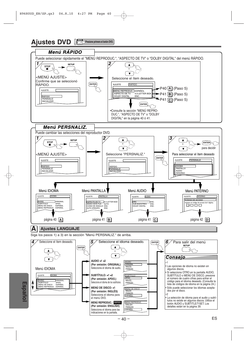 Ajustes dvd, Español, 1men men ú persnaliz. ú persnaliz | Consejo, Men ú rápido ú rápido, Ajustes languaje | Sanyo DVW-7100a User Manual | Page 40 / 44