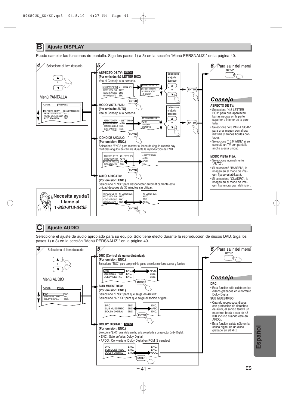 Español, 5consejo consejo, Consejo | Ajuste display, Ajuste audio | Sanyo DVW-7100a User Manual | Page 41 / 44