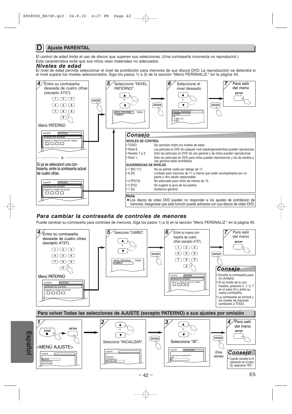 Español, Consejo, Niveles de edad | Ajuste parental | Sanyo DVW-7100a User Manual | Page 42 / 44