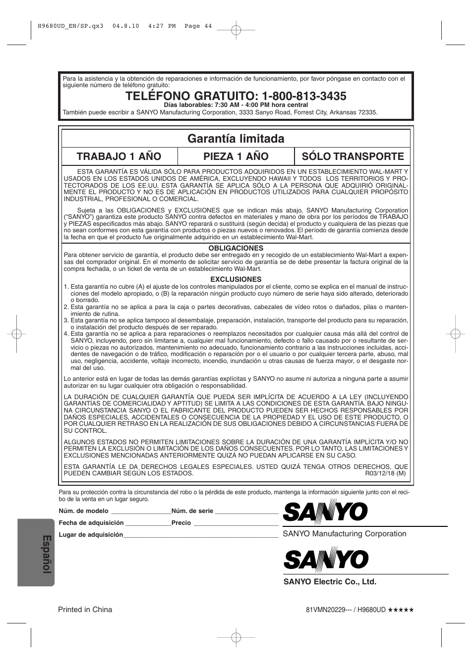 Garantía limitada, Español, Trabajo 1 año pieza 1 año sólo transporte | Sanyo DVW-7100a User Manual | Page 44 / 44