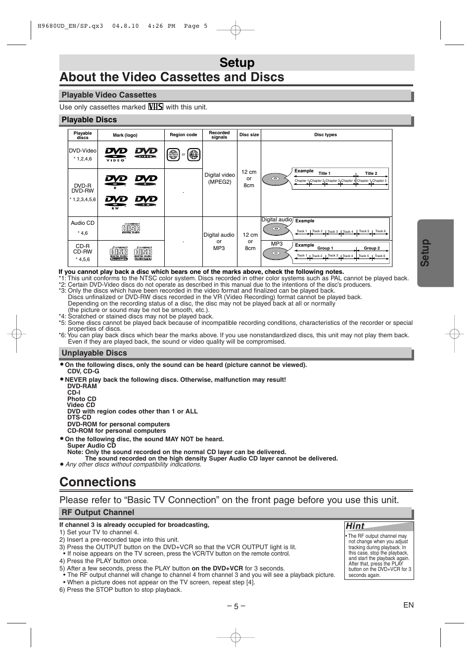 Connections, About the video cassettes and discs, Setup | Hint, Unplayable discs, Rf output channel, Playable discs, Playable video cassettes | Sanyo DVW-7100a User Manual | Page 5 / 44