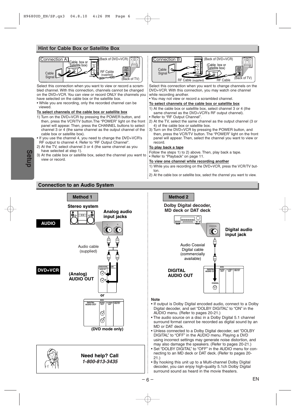 Setup, Hint for cable box or satellite box, Connection to an audio system | Connection a, Connection b, Stereo system, Dolby digital decoder, md deck or dat deck | Sanyo DVW-7100a User Manual | Page 6 / 44