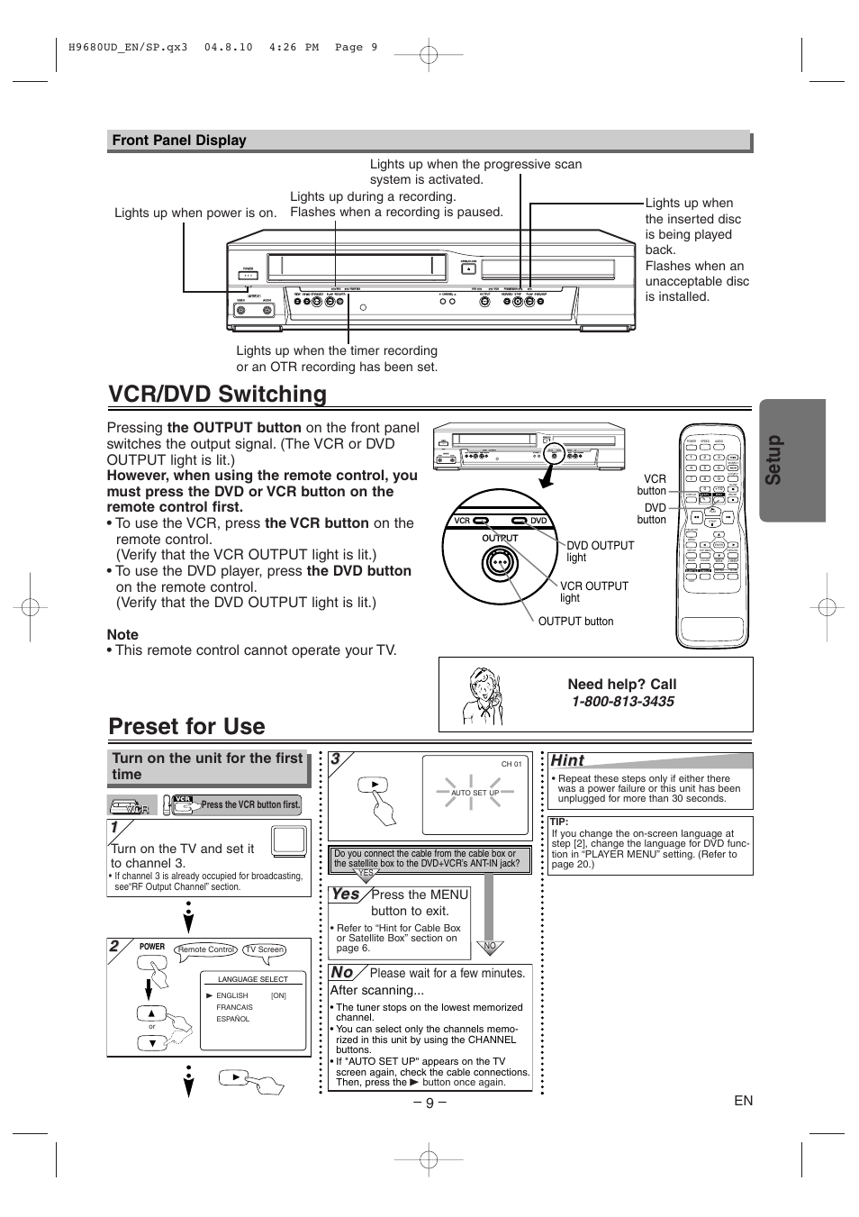 Preset for use, Vcr/dvd switching, Setup | Hint, Yes es, Front panel display, Turn on the unit for the first time, Turn on the tv and set it to channel 3, Power, Lights up when power is on | Sanyo DVW-7100a User Manual | Page 9 / 44