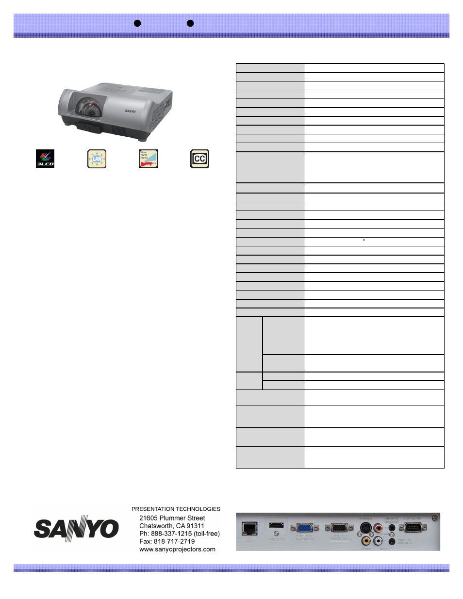 Sanyo WXGA ULTRA SHORT THROW PROJECTION PLC-WL2500A User Manual | 1 page