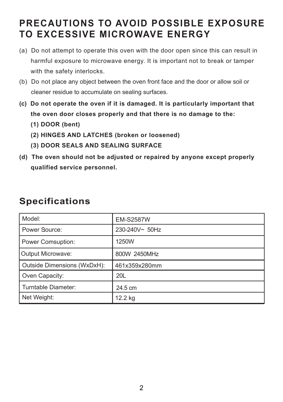 Specifications | Sanyo EM-S2587W User Manual | Page 3 / 17