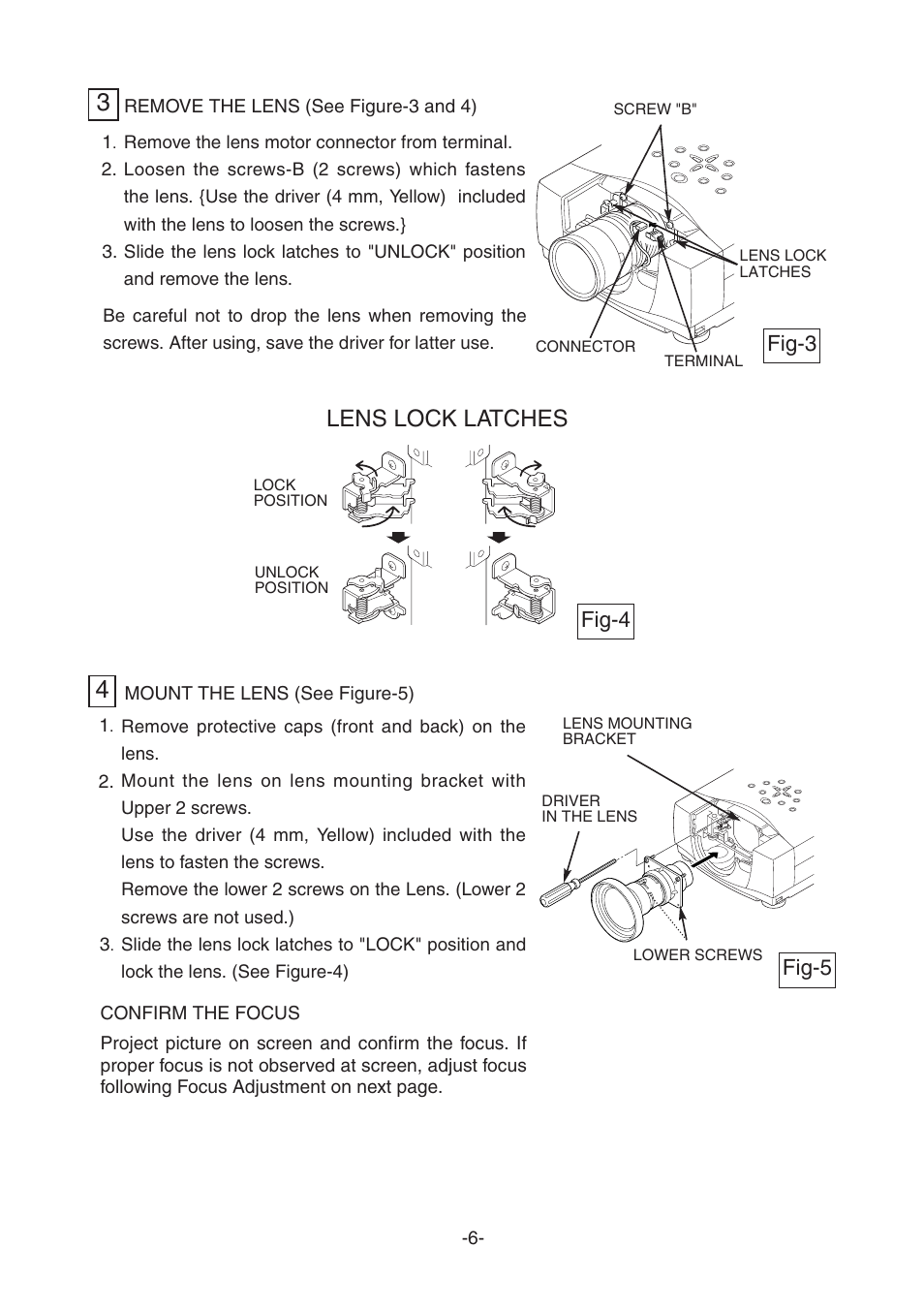 Lens lock latches, Fig-3, Fig-4 | Fig-5 | Sanyo LNS-W32 User Manual | Page 6 / 10
