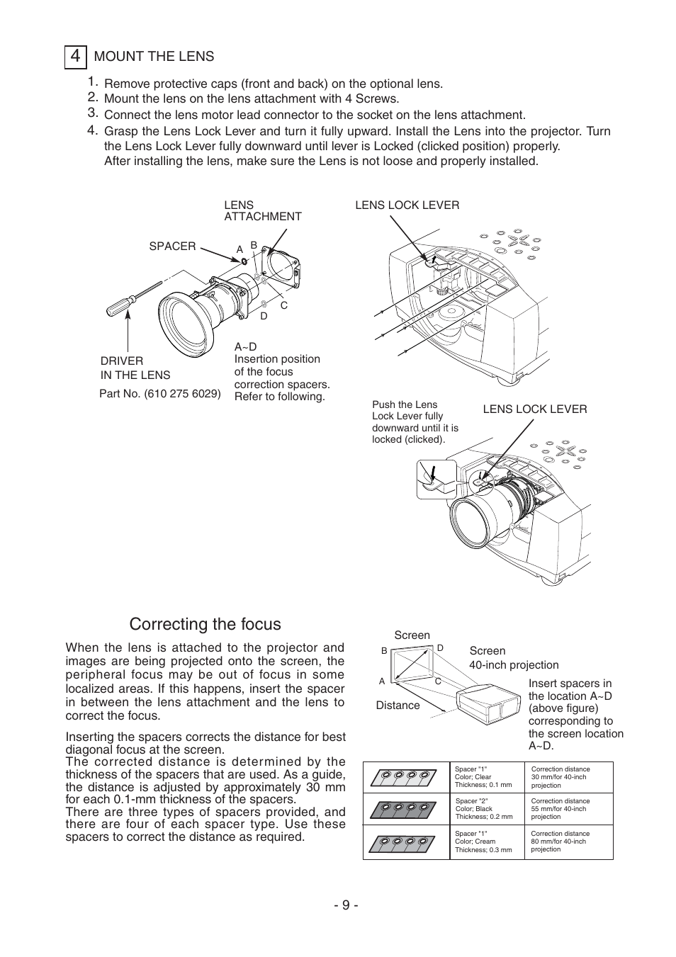 Correcting the focus, Mount the lens | Sanyo LNS-W32 User Manual | Page 9 / 10