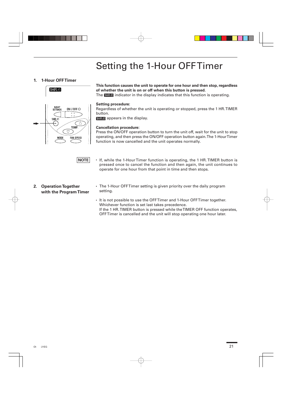 Setting the 1-hour off timer | Sanyo KHS0951 User Manual | Page 21 / 28