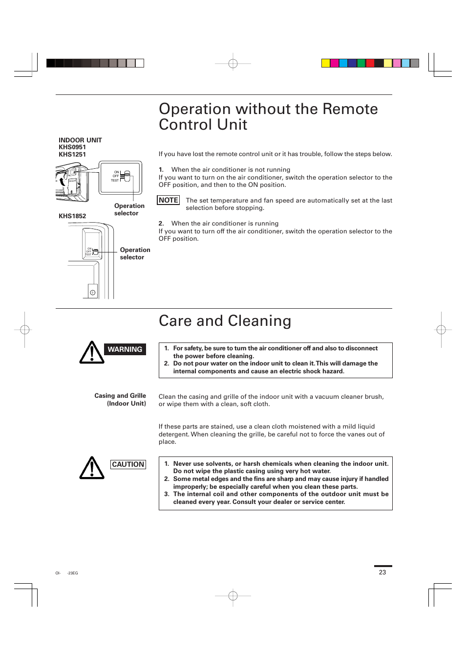 Operation without the remote control unit, Care and cleaning | Sanyo KHS0951 User Manual | Page 23 / 28