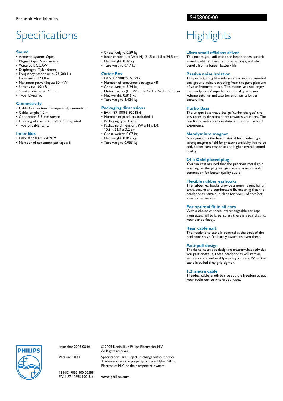 Specifications, Highlights | Sanyo SHS8000 User Manual | Page 2 / 2