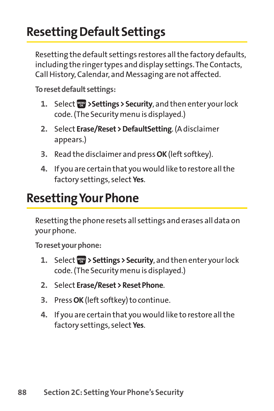 Resetting default settings, Resetting your phone, Resetting default settings resetting your phone | Sanyo SCP-3200 User Manual | Page 104 / 281