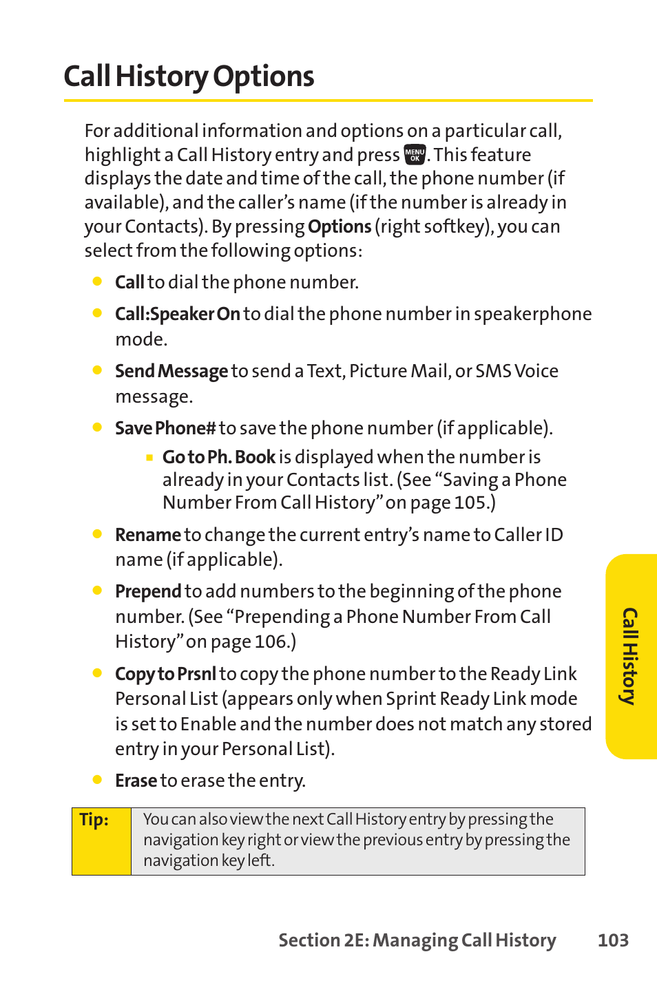 Call history options, Ca llh ist or y | Sanyo SCP-3200 User Manual | Page 119 / 281