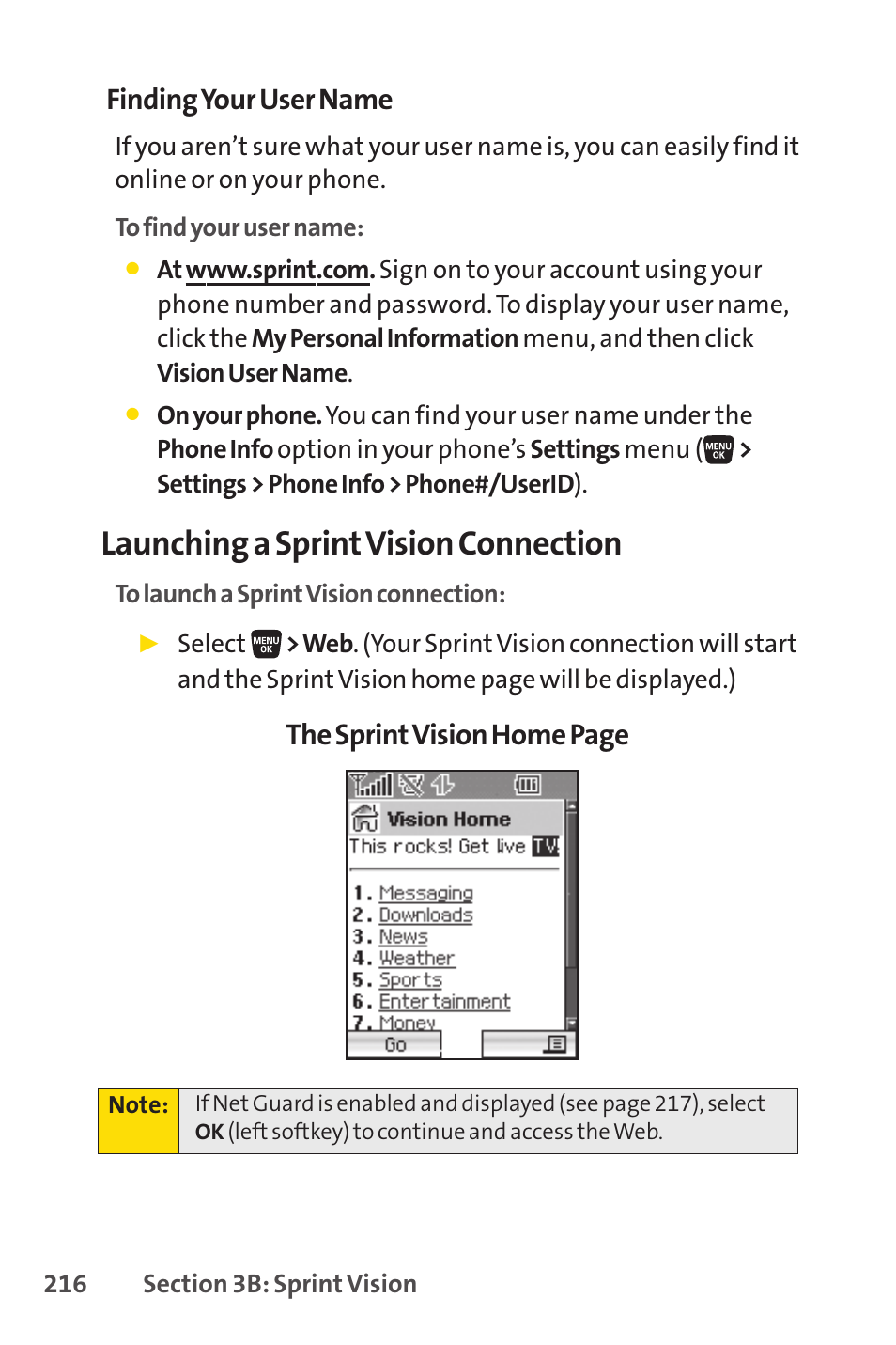 Launching a sprintvision connection, Finding your user name, The sprintvision home page | Sanyo SCP-3200 User Manual | Page 232 / 281