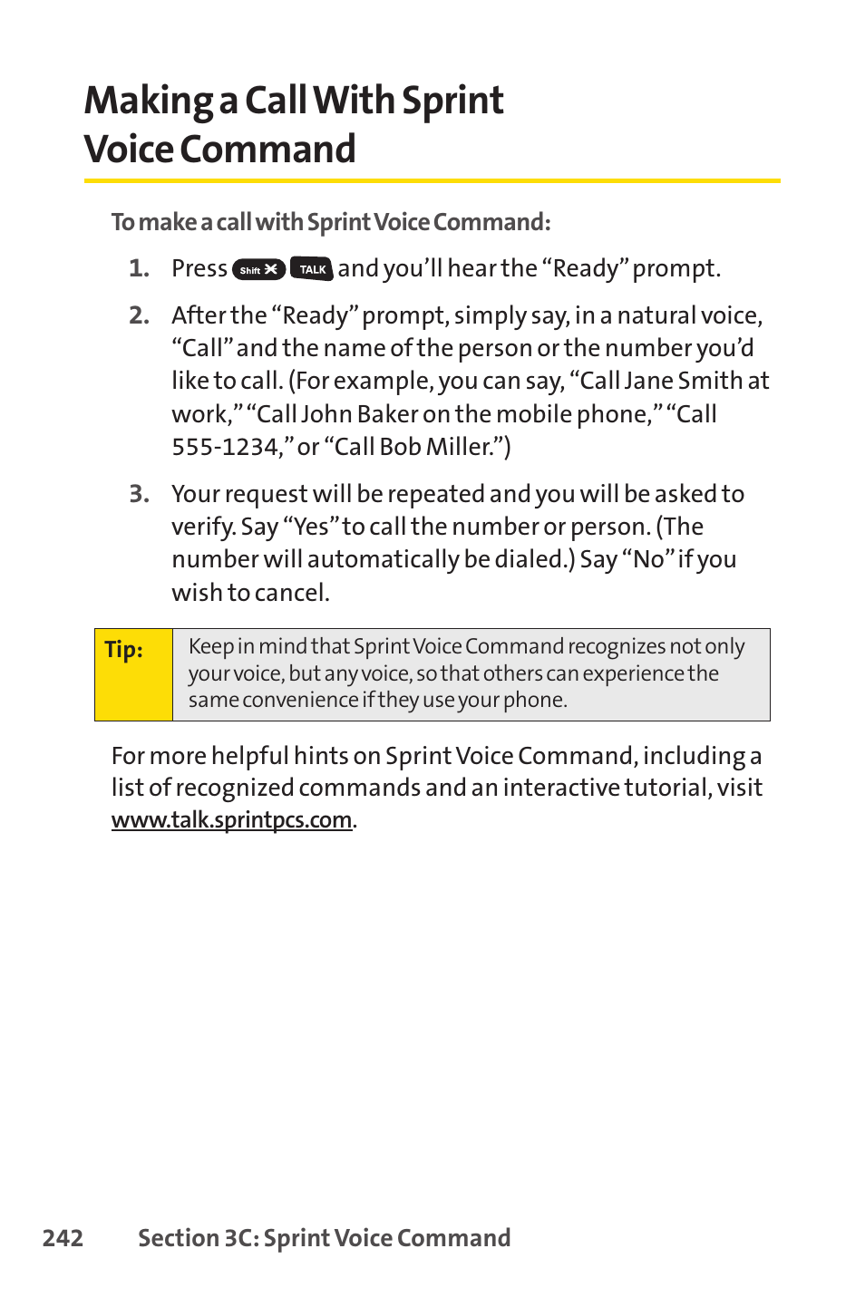 Making a call with sprint voice command | Sanyo SCP-3200 User Manual | Page 258 / 281