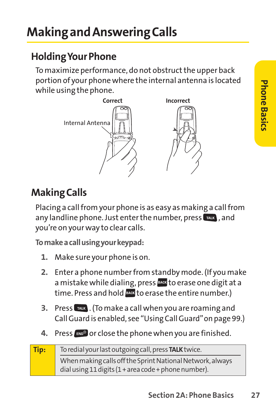 Making and answering calls, Holding your phone, Making calls | Ph on e b as ics | Sanyo SCP-3200 User Manual | Page 43 / 281