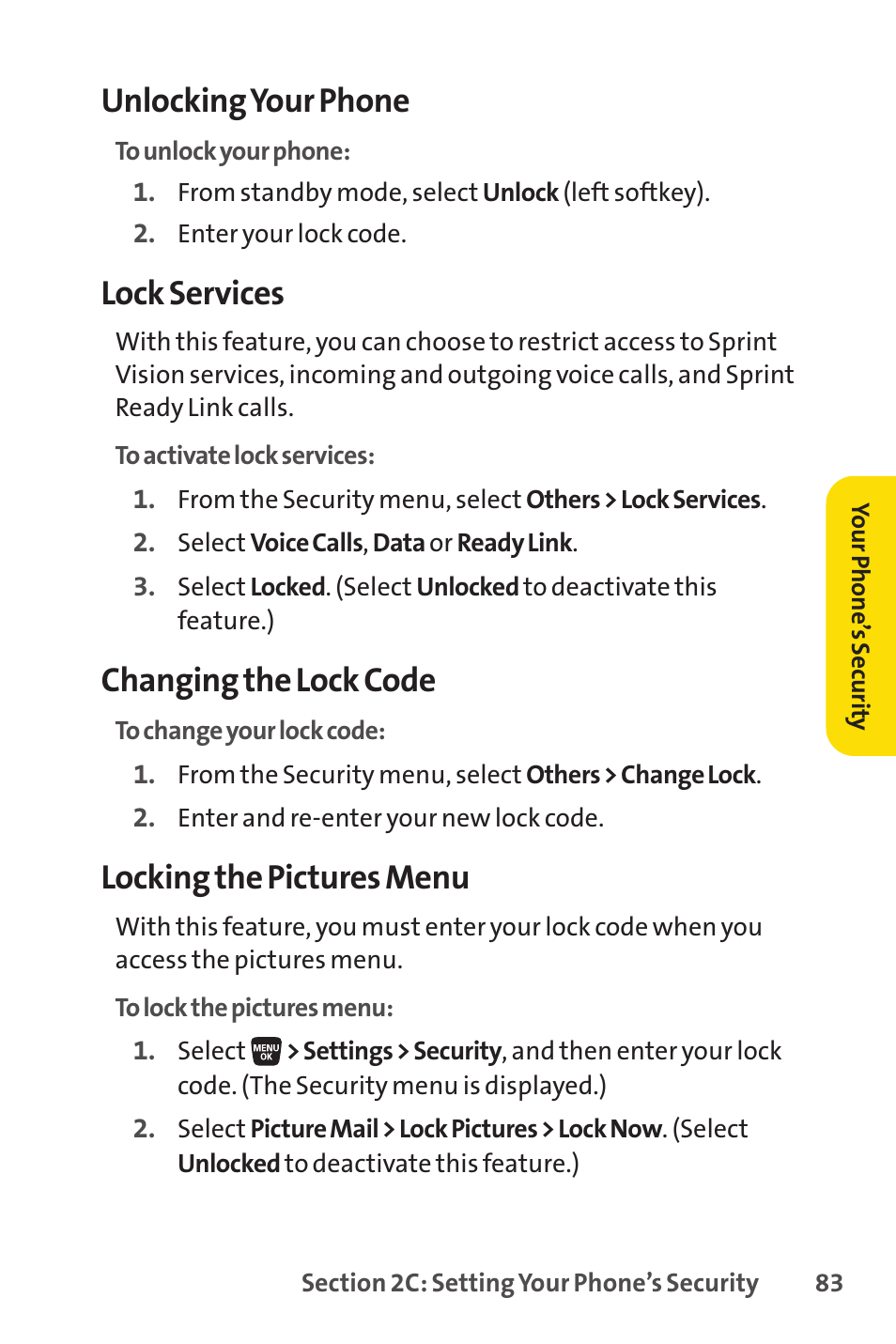 Unlocking your phone, Lock services, Changing the lock code | Locking the pictures menu | Sanyo SCP-3200 User Manual | Page 99 / 281