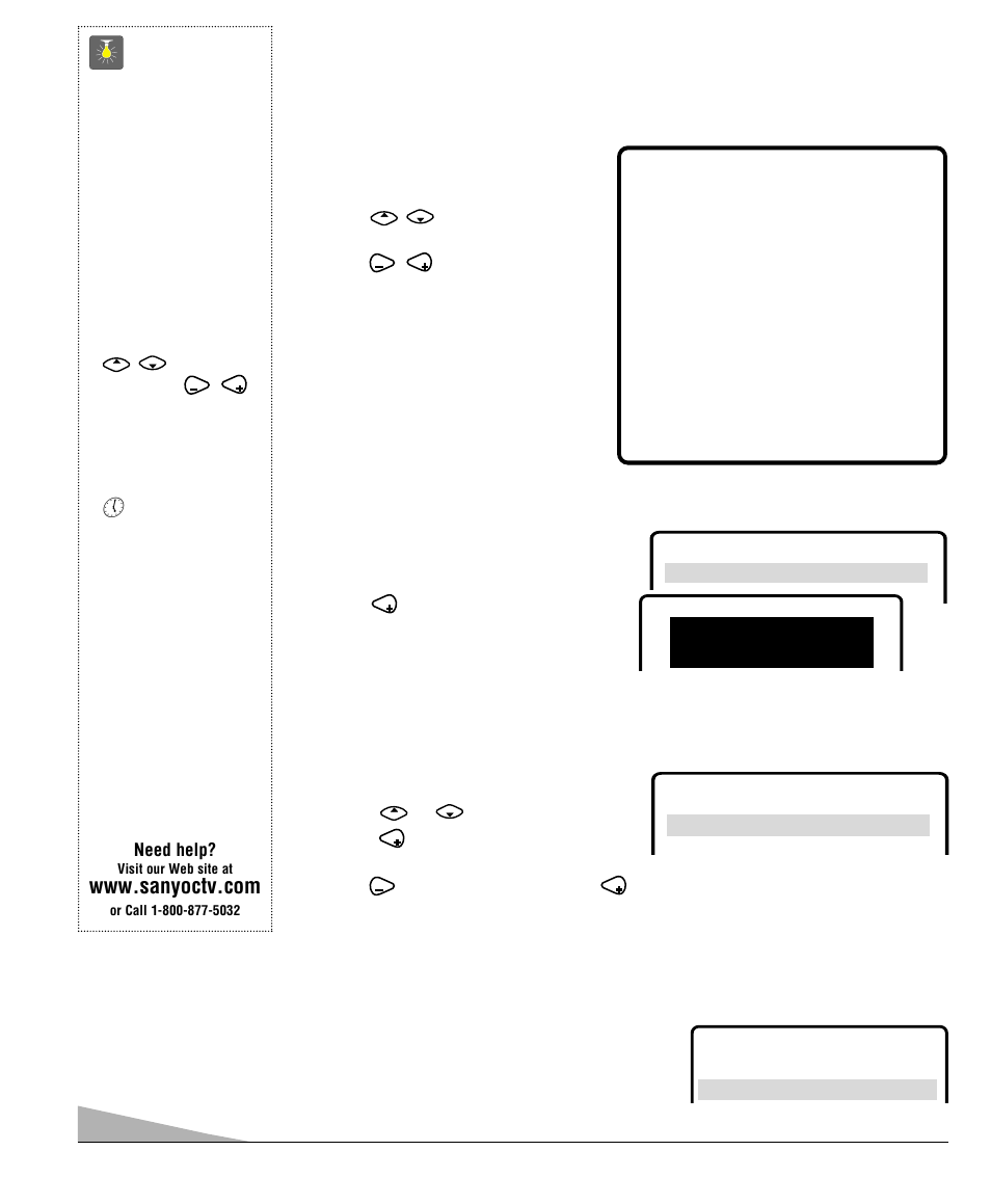 Tv adjustment and setup, Quicktips, How to make adjustments | Setting the clock, Set ting audio mode, Always follow on-screen instructions, All tv adjustments are controlled through the menu | Sanyo DS35520 User Manual | Page 10 / 68