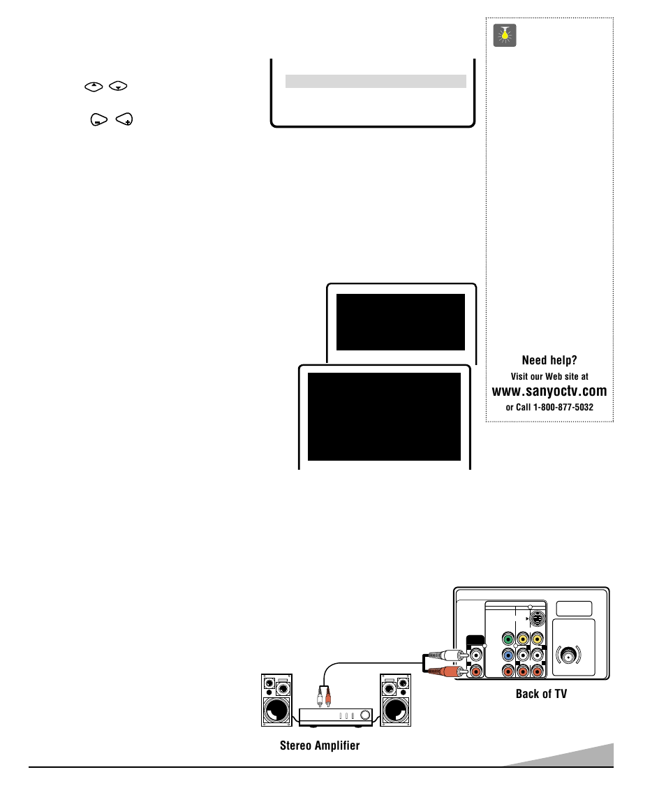 Using the audio out jacks, Resetting the tv, Quicktips | Connecting a stereo amplifier to audio out jacks, Audio output | Sanyo DS35520 User Manual | Page 13 / 68