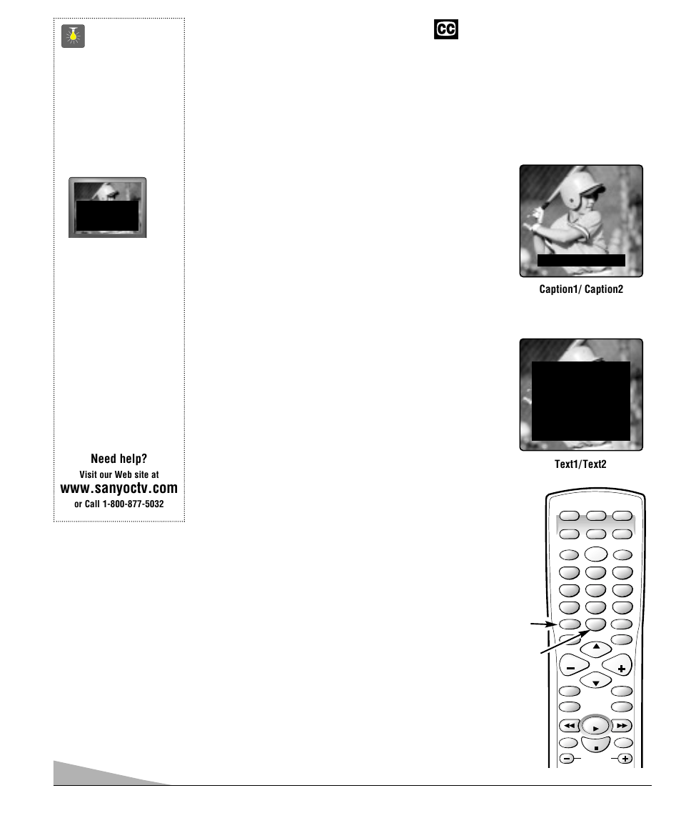 Closed-captioning, Quicktips, Setting captions | Sanyo DS35520 User Manual | Page 18 / 68