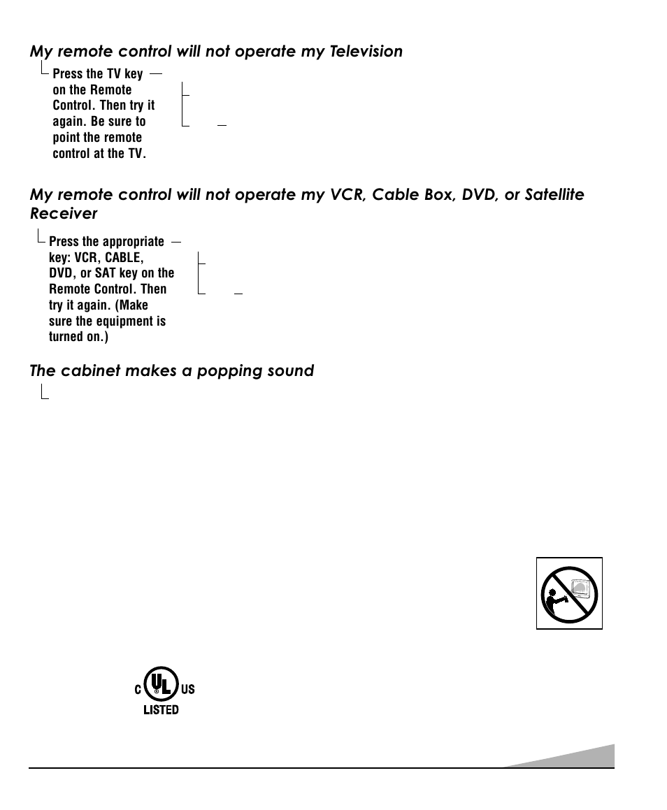 Care and cleaning, The cabinet makes a popping sound, My remote control will not operate my television | Sanyo DS35520 User Manual | Page 21 / 68