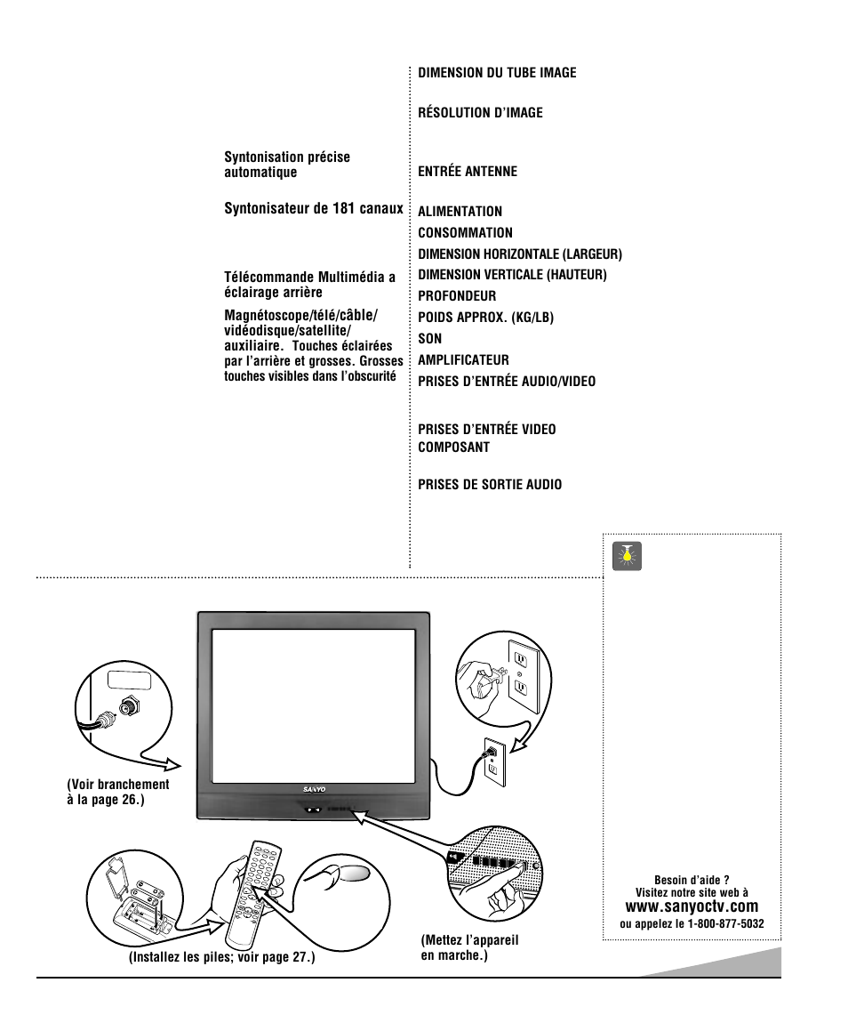 Caractéristiques, Fiche technique, Installation de base | Conseils | Sanyo DS35520 User Manual | Page 25 / 68