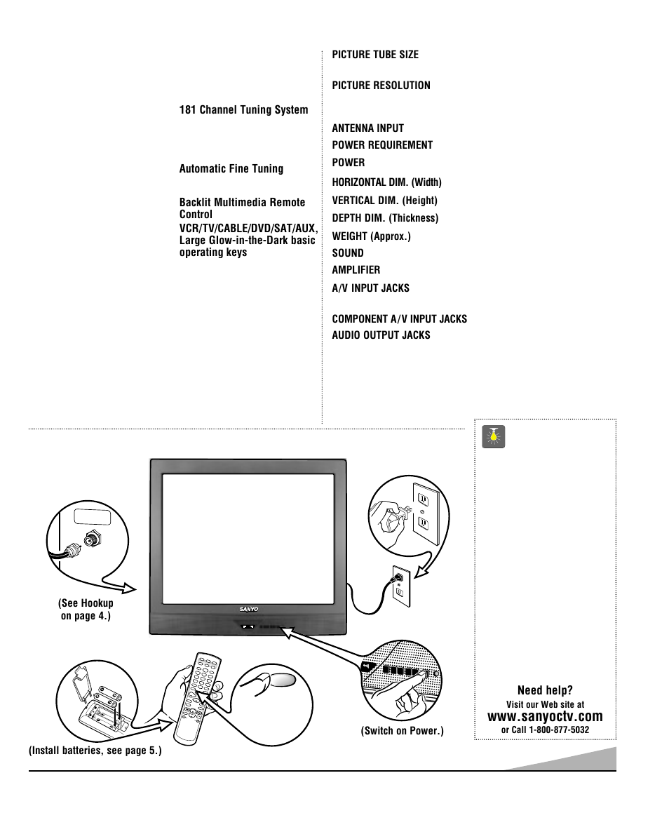 Basic setup, Specifications, Features | Quicktips | Sanyo DS35520 User Manual | Page 3 / 68
