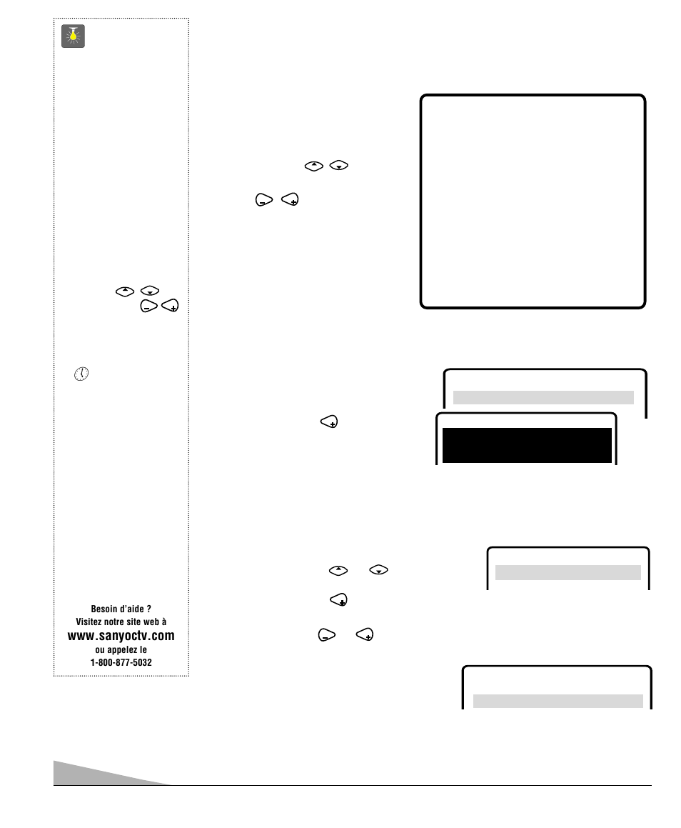 Réglage et mise en place du télécouleur, Conseils, Réglages | Réglage de l’horloge, Réglage du mode audio, Respectez toujours les instructions à l’écran | Sanyo DS35520 User Manual | Page 32 / 68