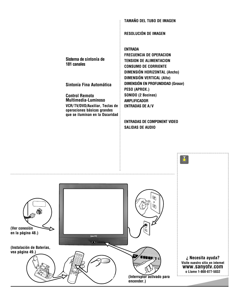 Ajustes básicos, Características, Especificaciones | Consejos rápidos | Sanyo DS35520 User Manual | Page 47 / 68