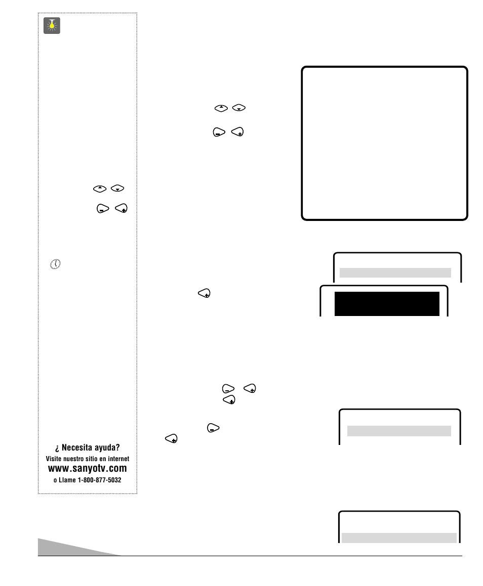 Ajustes del tv, 54 consejos rápidos, Como hacer los ajustes | Ajustando el reloj, Ajuste el modo de audio | Sanyo DS35520 User Manual | Page 54 / 68