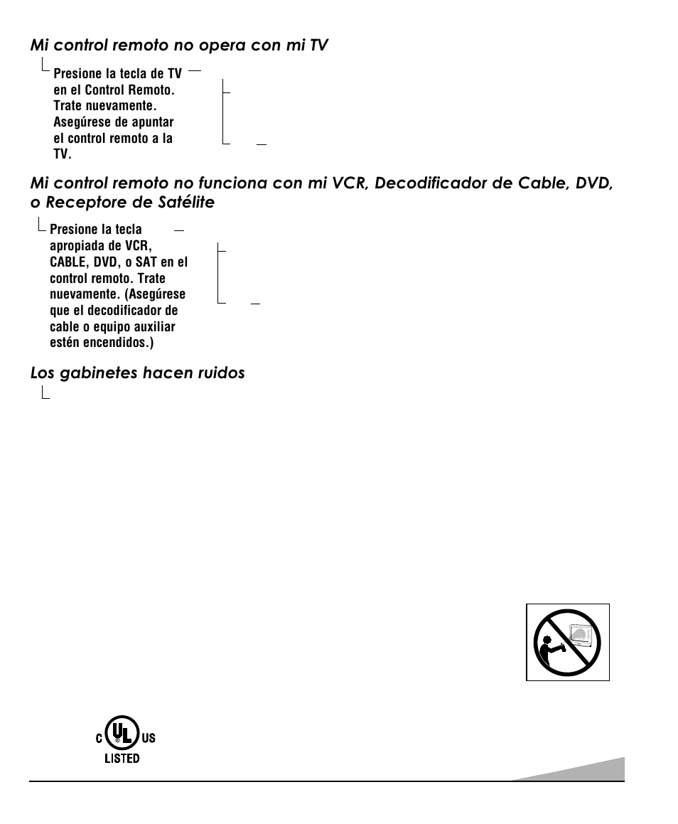 Cuidados y limpieza, Los gabinetes hacen ruidos, Mi control remoto no opera con mi tv | Sanyo DS35520 User Manual | Page 65 / 68