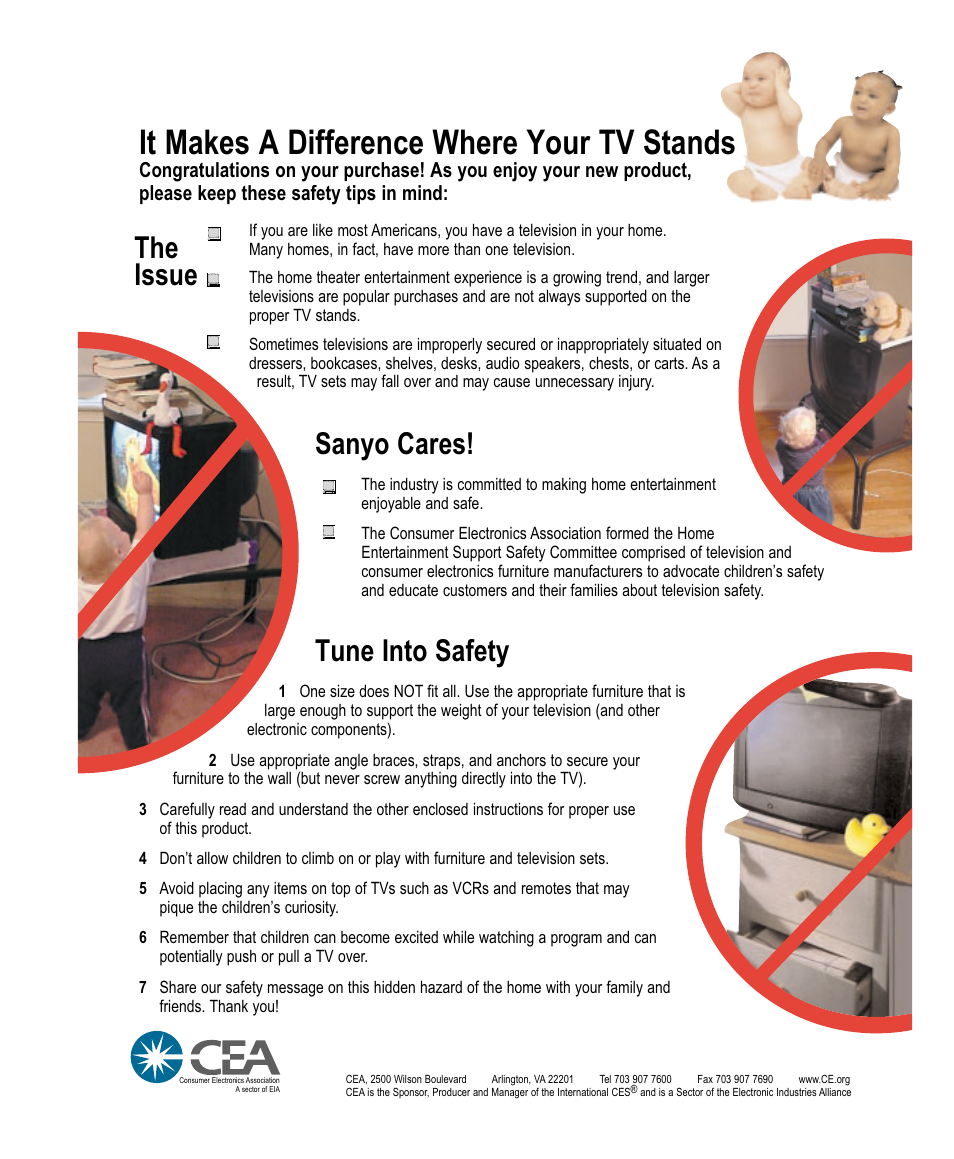Child safety, It makes a difference where your tv stands, The issue | Sanyo cares, Tune into safety | Sanyo DS35520 User Manual | Page 68 / 68