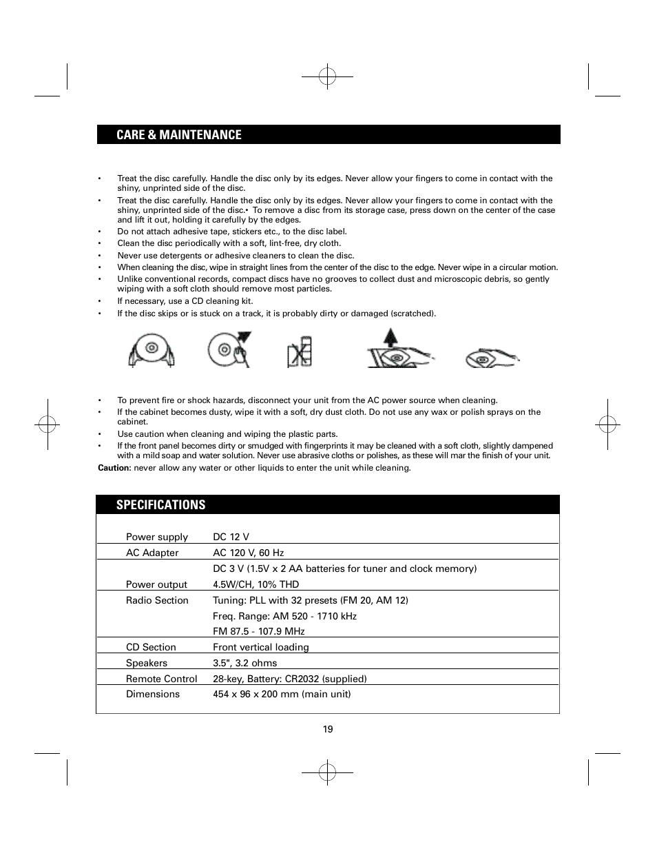 Care & maintenance, Specifications | Sanyo DTA-1800 User Manual | Page 19 / 21