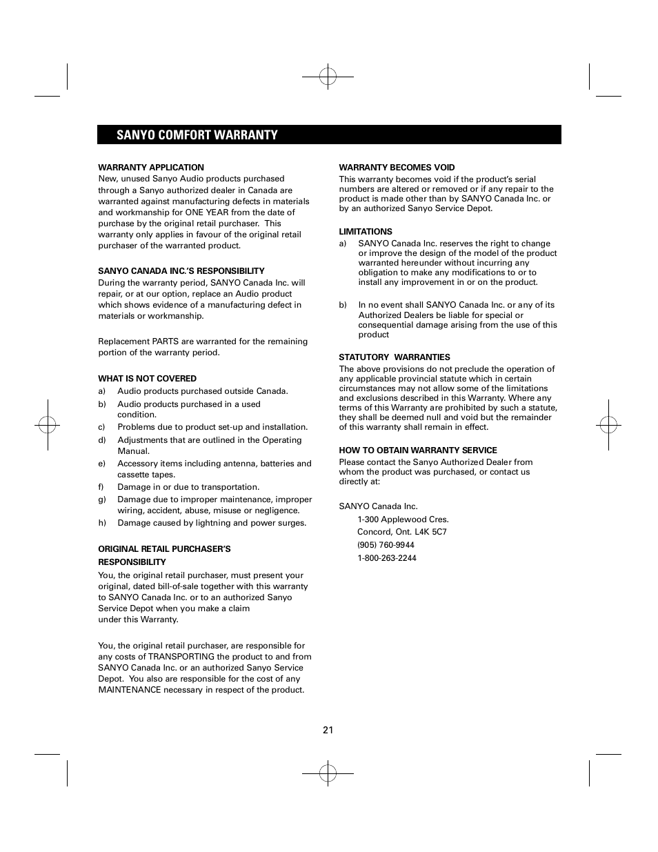 Sanyo comfort warranty | Sanyo DTA-1800 User Manual | Page 21 / 21