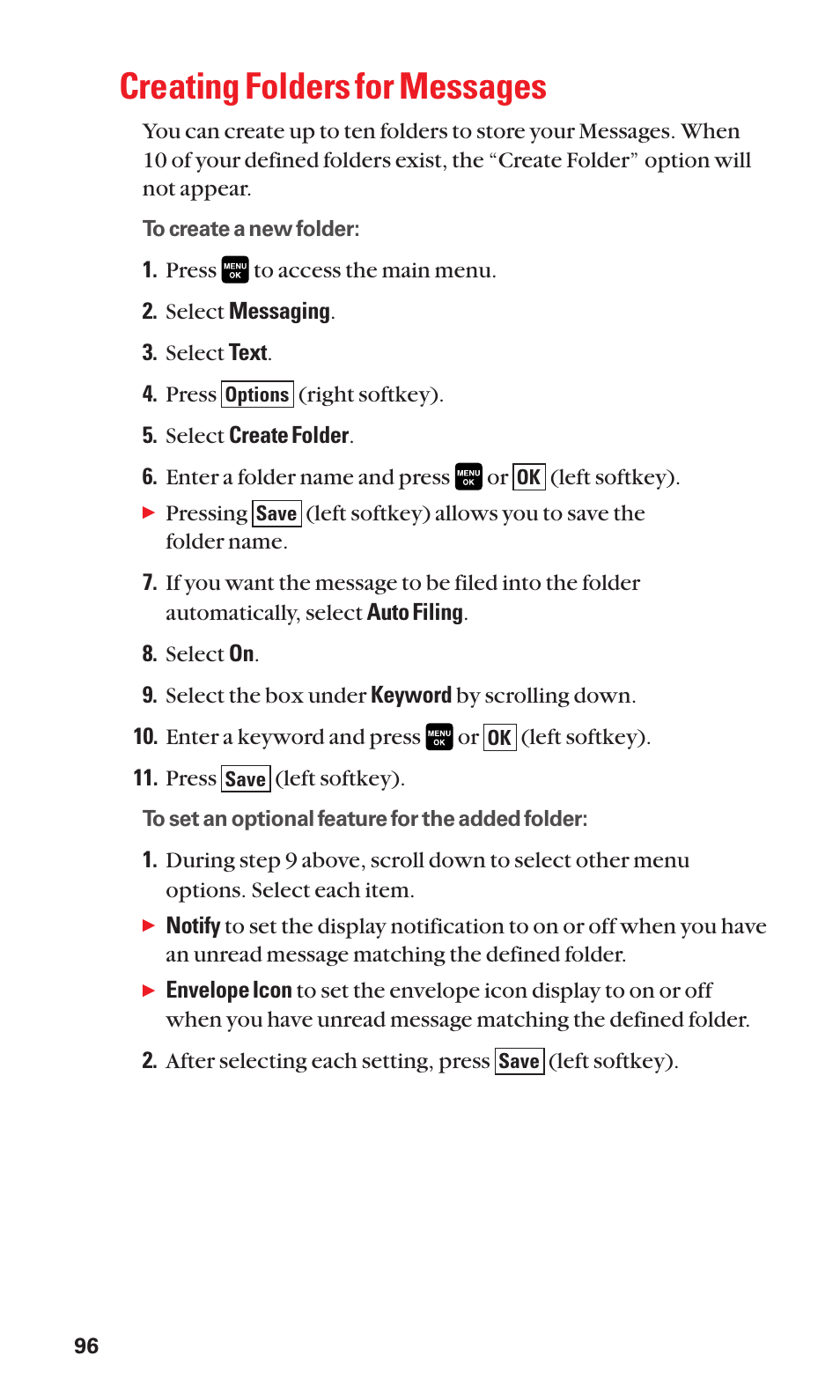 Creating folders for messages | Sanyo Katana Cell Phone User Manual | Page 104 / 151