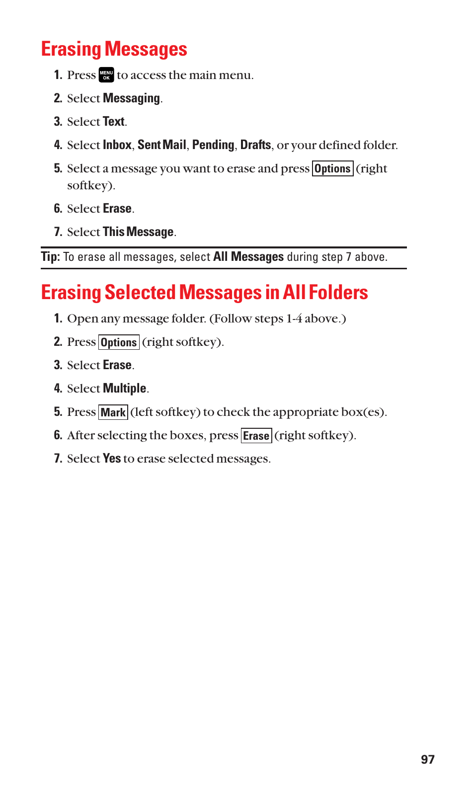 Erasing messages, Erasing selected messages in all folders | Sanyo Katana Cell Phone User Manual | Page 105 / 151