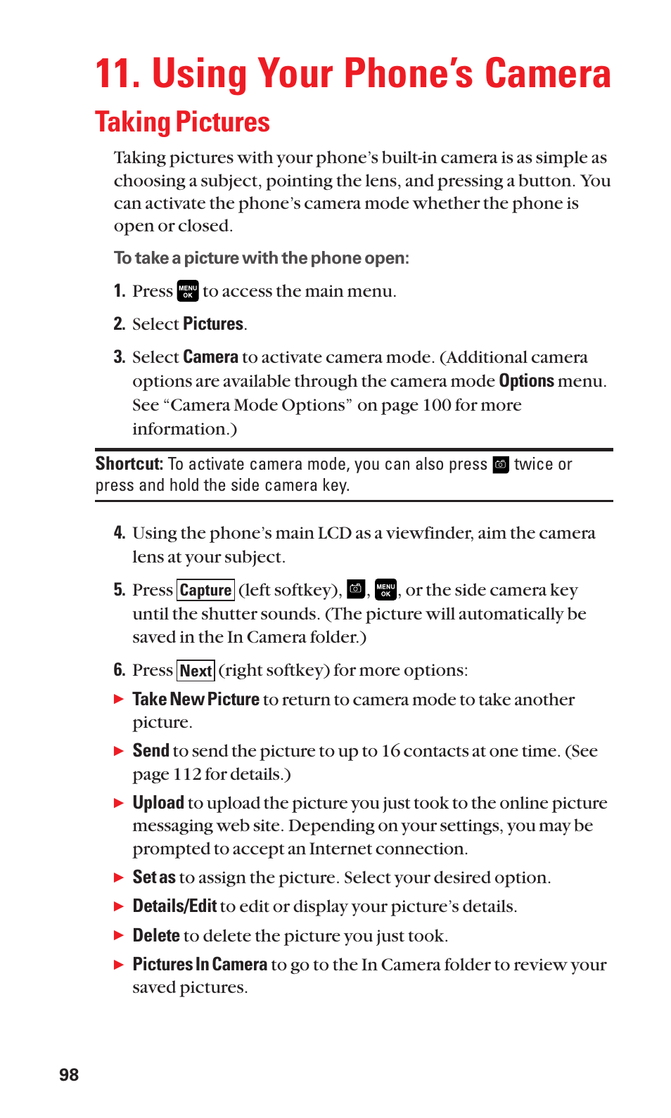 Using your phone’s camera, Taking pictures | Sanyo Katana Cell Phone User Manual | Page 106 / 151