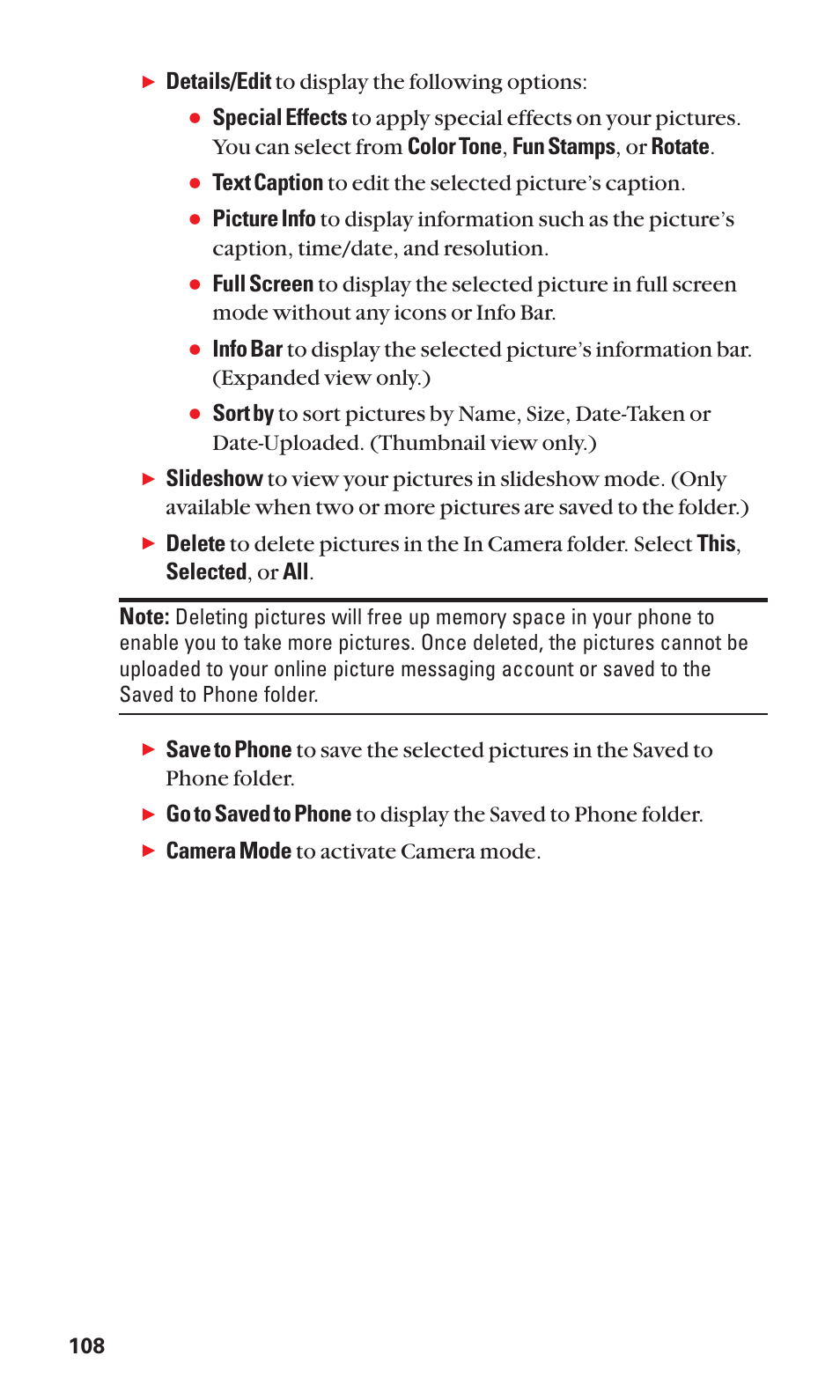 Details/edit to display the following options, Camera mode to activate camera mode | Sanyo Katana Cell Phone User Manual | Page 116 / 151