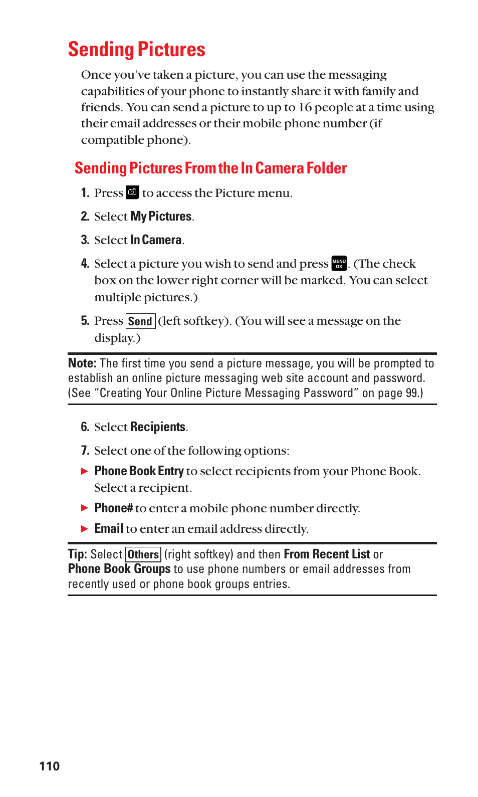 Sending pictures, Sending pictures from the in camera folder | Sanyo Katana Cell Phone User Manual | Page 118 / 151