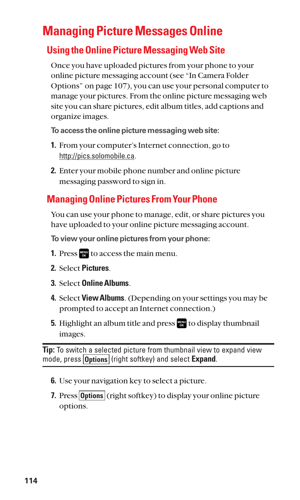 Managing picture messages online, Using the online picture messaging web site, Managing online pictures from your phone | Sanyo Katana Cell Phone User Manual | Page 122 / 151