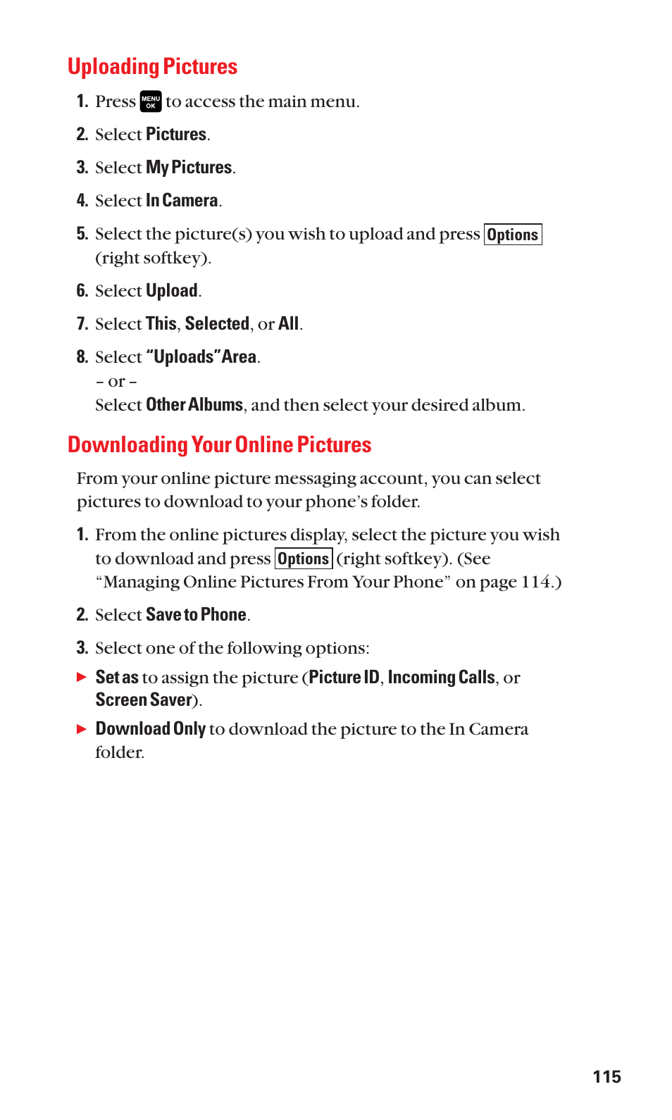 Uploading pictures, Downloading your online pictures | Sanyo Katana Cell Phone User Manual | Page 123 / 151