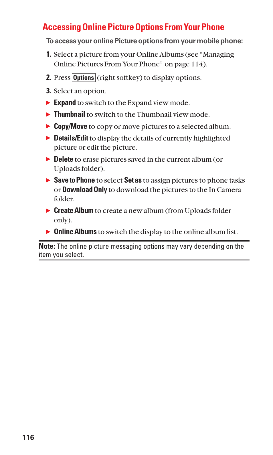 Accessing online picture options from your phone, Expand to switch to the expand view mode, Thumbnail to switch to the thumbnail view mode | Sanyo Katana Cell Phone User Manual | Page 124 / 151