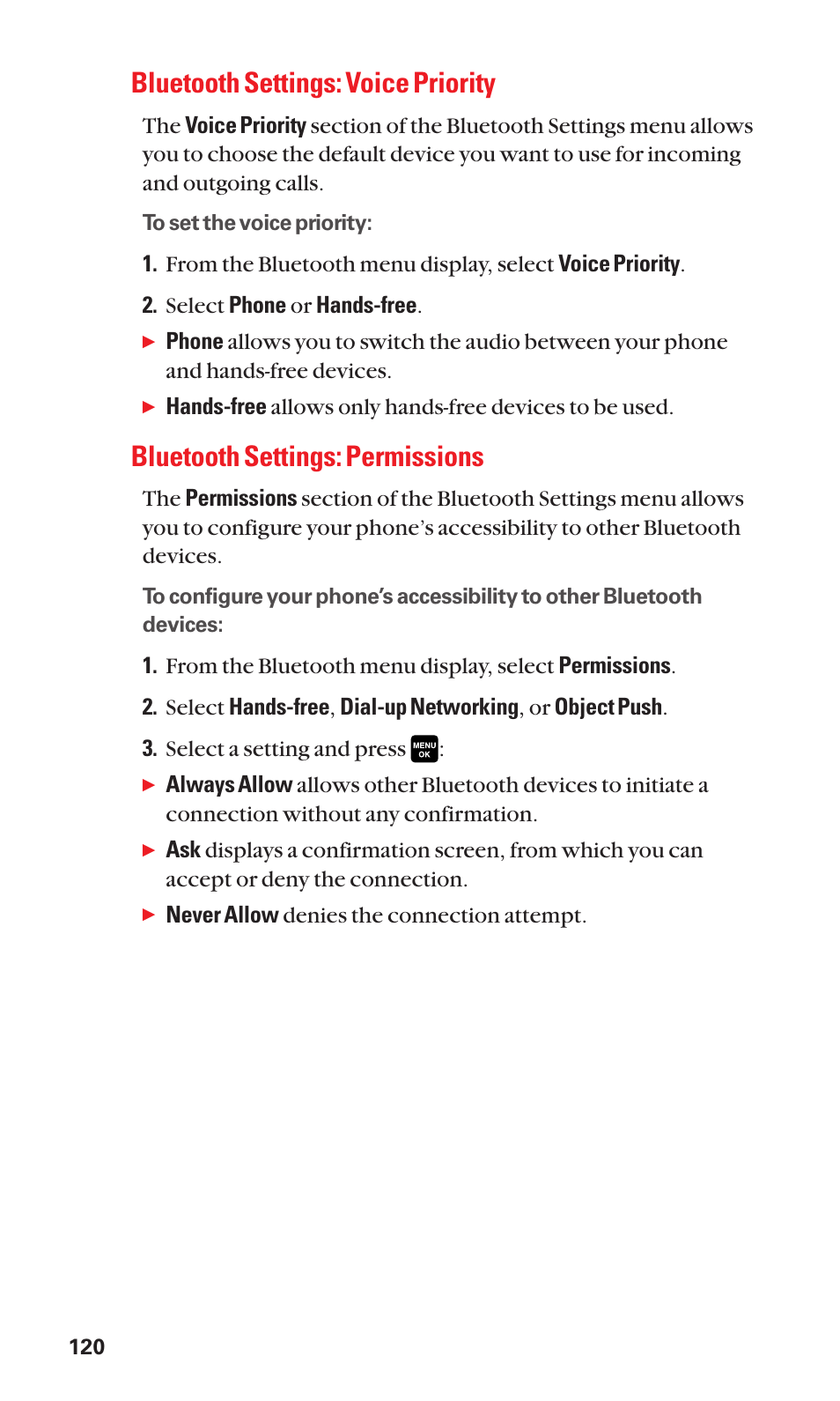 Bluetooth settings: voice priority, Bluetooth settings: permissions | Sanyo Katana Cell Phone User Manual | Page 128 / 151