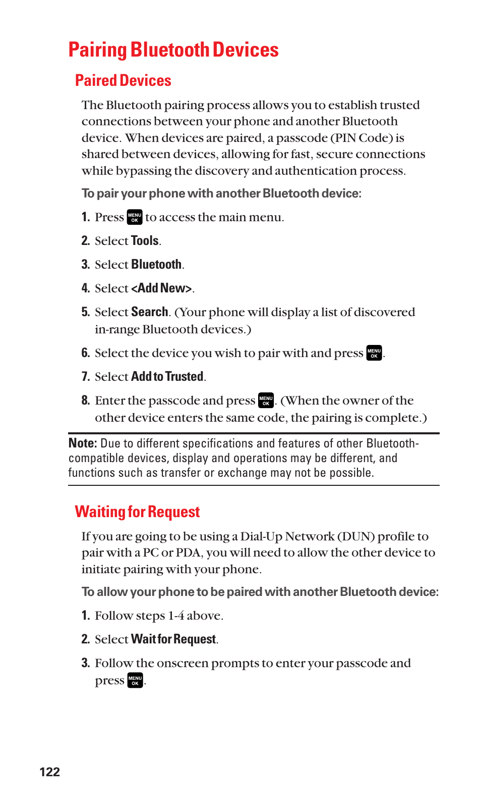 Pairing bluetooth devices, Paired devices, Waiting for request | Sanyo Katana Cell Phone User Manual | Page 130 / 151