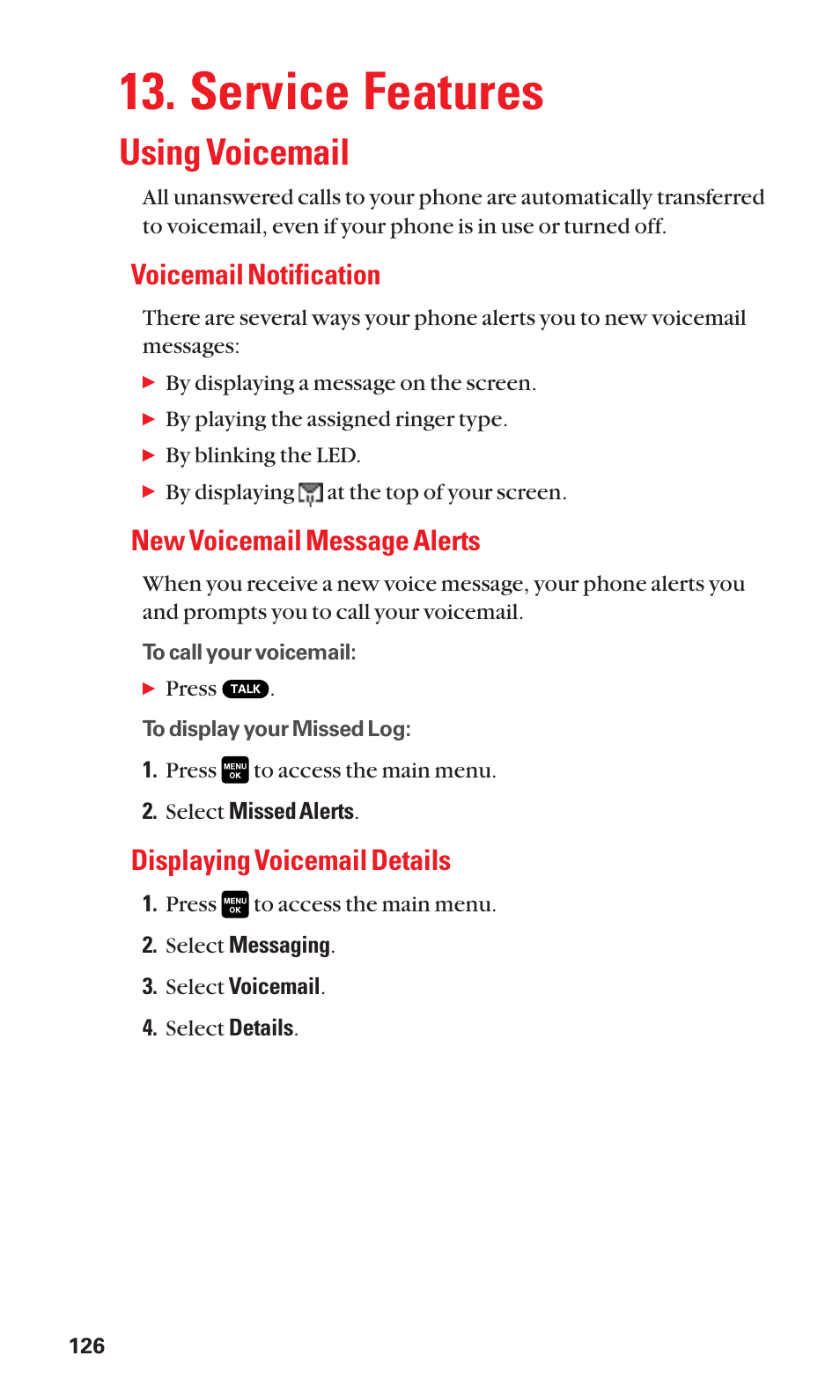 Service features, Using voicemail, Voicemail notification | New voicemail message alerts, Displaying voicemail details | Sanyo Katana Cell Phone User Manual | Page 134 / 151