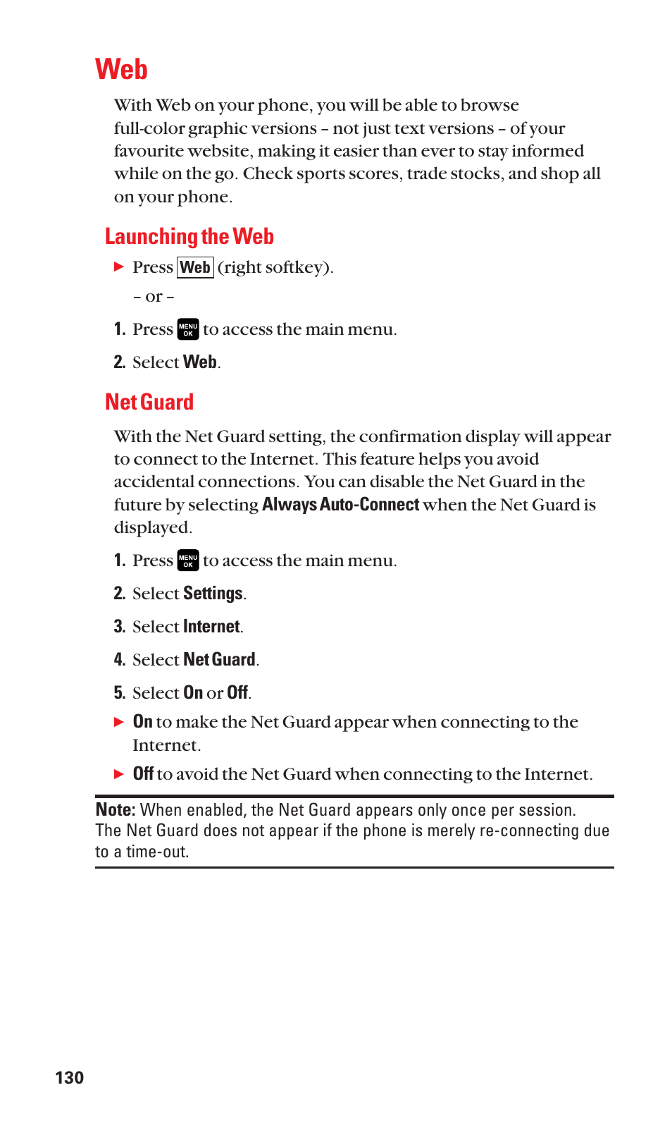 Launching the web, Net guard | Sanyo Katana Cell Phone User Manual | Page 138 / 151