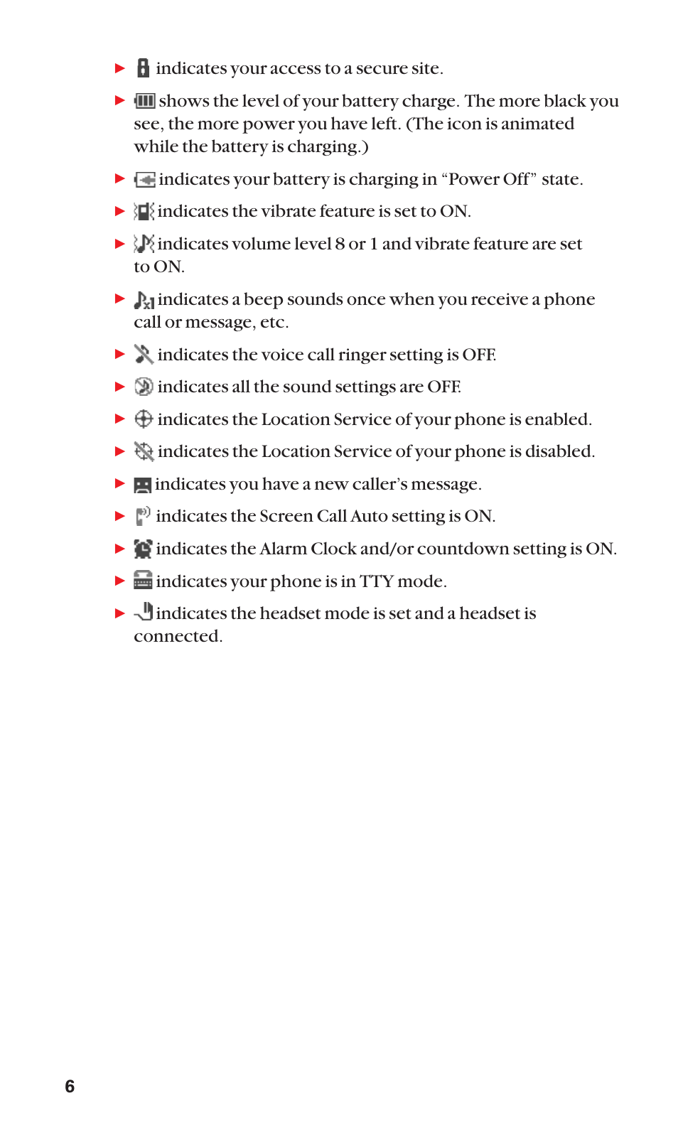 Indicates your access to a secure site, Indicates the vibrate feature is set to on, Indicates the voice call ringer setting is off | Indicates all the sound settings are off, Indicates you have a new caller’s message, Indicates the screen call auto setting is on, Indicates your phone is in tty mode | Sanyo Katana Cell Phone User Manual | Page 14 / 151