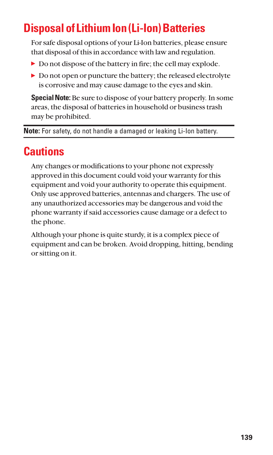 Disposal of lithium ion (li-ion) batteries, Cautions | Sanyo Katana Cell Phone User Manual | Page 147 / 151