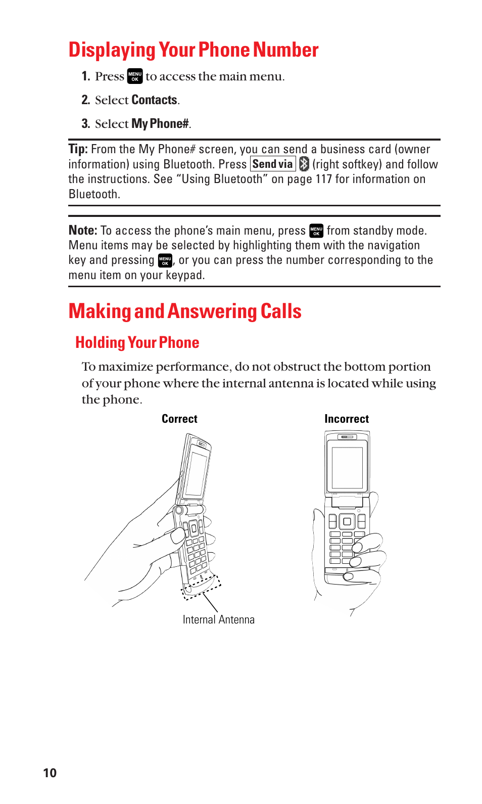 Displaying your phone number, Making and answering calls, Holding your phone | Sanyo Katana Cell Phone User Manual | Page 18 / 151