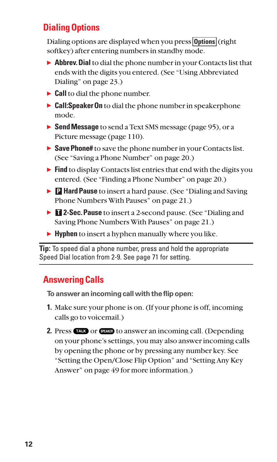 Dialing options, Answering calls | Sanyo Katana Cell Phone User Manual | Page 20 / 151